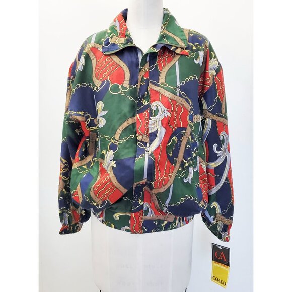Coaco Womens Vintage New Old Stock Scarf Print Silk Bomber Jacket M/L NWT - Picture 2 of 15